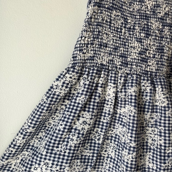 American Eagle Smocked Gingham Floral Sundress Blue White Cotton Linen Blend XL - Picture 3 of 14